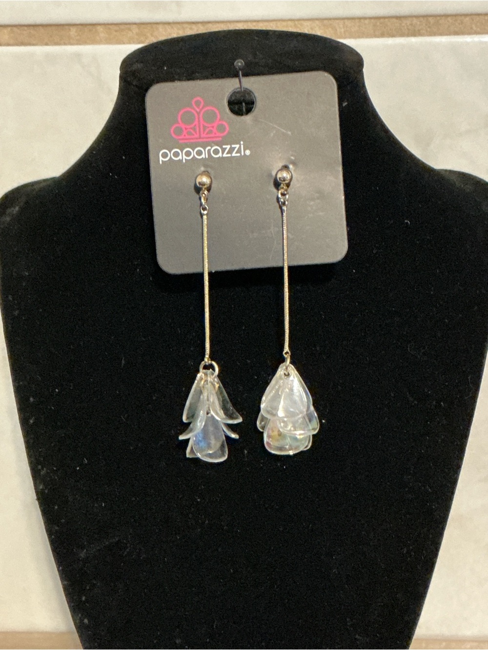 Paparazzi Gold Drop Earrings with Iridescent Petal Charms